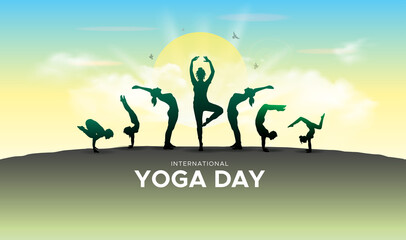 Yoga Day. Group of people practicing Yoga background.