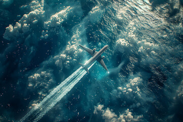 Craft an AI-rendered scene illustrating the dynamic view of an airplane cruising above a sparkling blue ocean, its contrail tracing a graceful arc across the sky as it glides effortlessly over the shi - obrazy, fototapety, plakaty