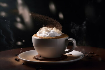 espresso machiatto with latte art floating in the air