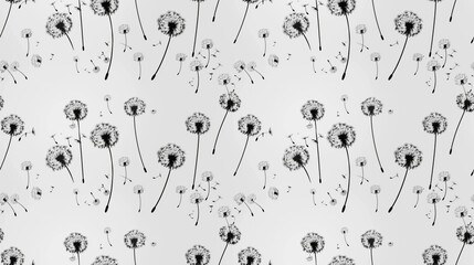 A black and white floral pattern with dandelions. The dandelions are scattered throughout the image, with some in the foreground and others in the background