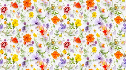 A colorful flower pattern is displayed on a white background. The flowers are arranged in a way that creates a sense of movement and depth. Scene is cheerful and vibrant