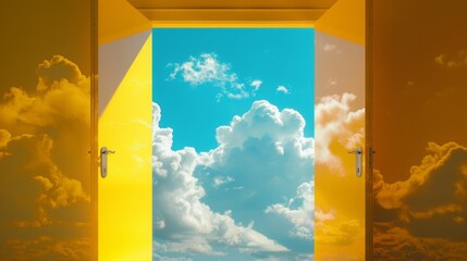 the door open to the universe , center framed, yellow, clouds - obrazy, fototapety, plakaty