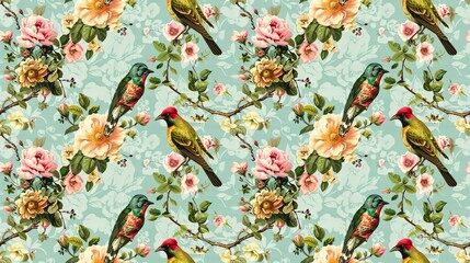 A blue and pink floral pattern with birds and flowers. The birds are perched on branches and the flowers are scattered throughout the design. Scene is peaceful and serene, with the birds