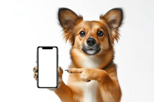 funny dog pointing on smartphone with white screen on white background