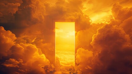 the door open to the universe , center framed, yellow, clouds