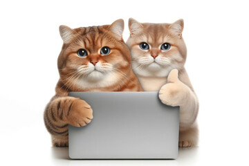 cat with laptop showing thumbs up on white background