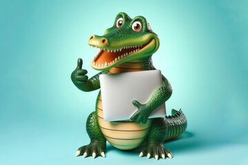 Naklejka premium Crocodile with laptop showing thumbs up on color background
