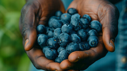 close-up handful of blueberries in black man hands, organic fresh harvest - obrazy, fototapety, plakaty