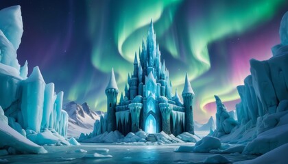A fantastical ice castle under the northern lights, with a palette of polar colors reflecting off icy surfaces and snow-clad peaks.. AI Generation - obrazy, fototapety, plakaty