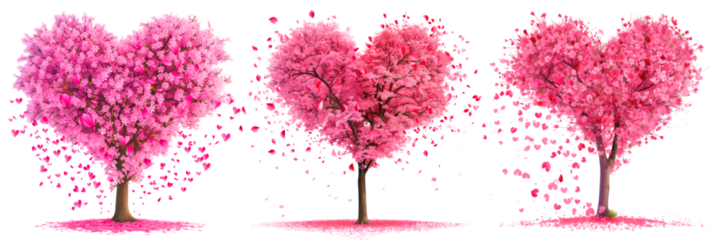 A set of pink trees isolated on a white or transparent background. Heart-shaped sakuras with falling petals, close-up. Valentine's day concept. A graphic design element inspired by nature and tree.