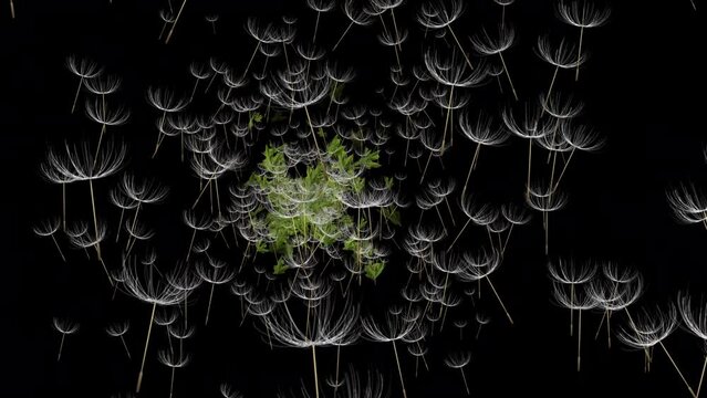 Flight to meet dandelion seeds, flying at sunset. Beautiful natural background. Filming from a quadcopter. 3D. 4K. Isolated black background.