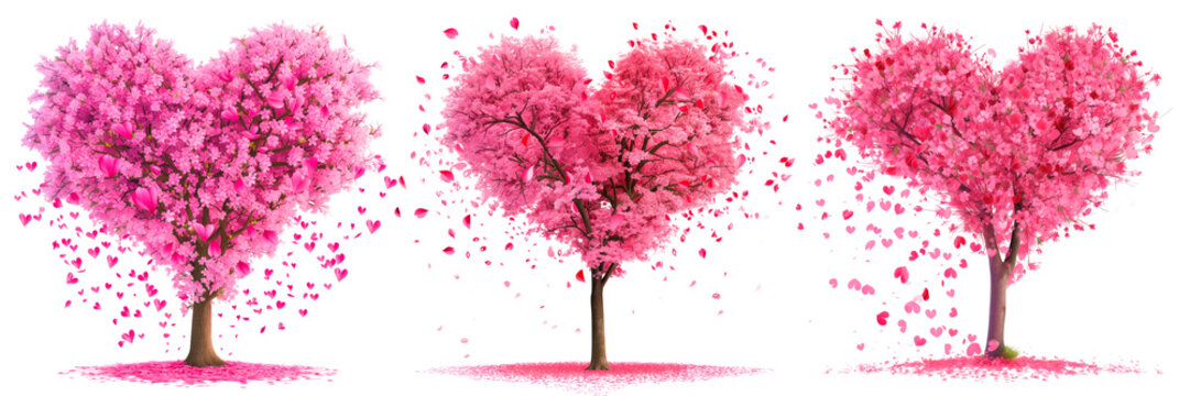 A set of pink trees isolated on a white or transparent background. Heart-shaped sakuras with falling petals, close-up. Valentine's day concept. A graphic design element inspired by nature and tree.