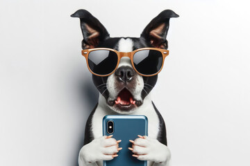 Fototapeta na wymiar Shocked Boston Terrier dog in sunglasses holding smartphone on white background