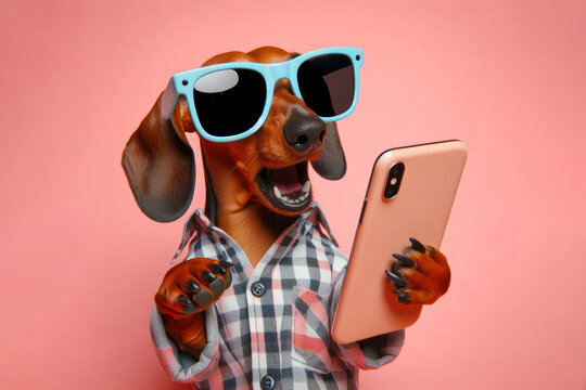 Shocked Dachshund dog in sunglasses holding smartphone on color background