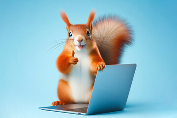 squirrel with laptop showing thumbs up on blue background - obrazy, fototapety, plakaty