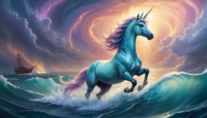 Obraz na płótnie Canvas A mystical turquoise unicorn gallops on cresting ocean waves under a swirling, dramatic sky with a distant ship. AI Generation