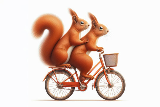 two squirrels riding a paired bicycle side view on a white background