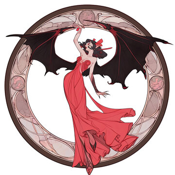 A logo of a succubus demon wearing a red dress within a circle