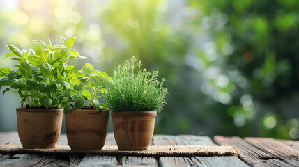 Fresh herbs in pots on wooden table with bokeh background.