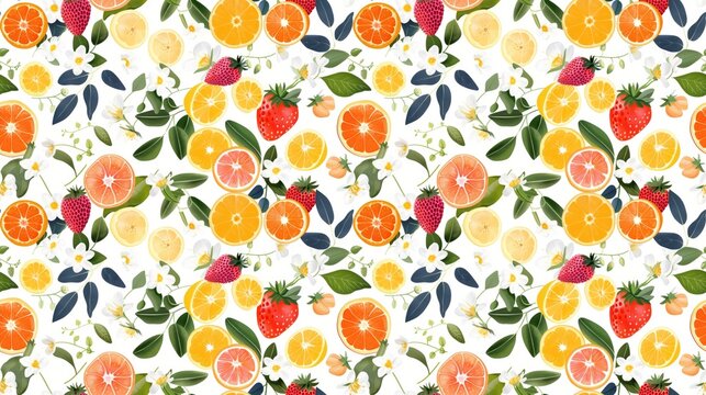 A colorful fruit pattern with oranges, strawberries, and other fruits. The image has a cheerful and vibrant mood