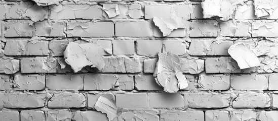 Monochrome photography of a brick wall with peeling paint, showcasing the buildings grey rectangle pattern. The wood texture adds to the artistry of the monochrome font