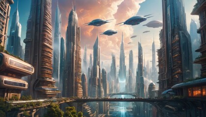 A breathtaking futuristic cityscape with towering skyscrapers and flying vehicles, set against a dramatic sky, illustrating advanced urban life.. AI Generation