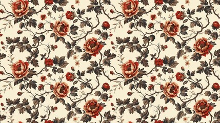 A floral patterned wallpaper with red flowers and leaves. The flowers are arranged in a way that creates a sense of movement and depth. The wallpaper is white and brown