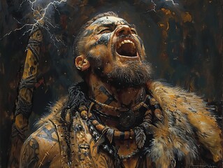 Obraz premium a fierce barbarian shaman shouting a warcry covered in woad tattoos and animals furs channeling a spell on lightning oil on canvas