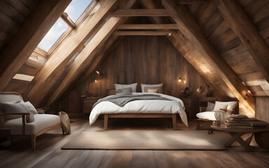 Cozy attic bedroom, exposed wooden beams, skylights, and plush bedding, nestled under the roof.