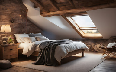 Cozy attic bedroom, exposed wooden beams, skylights, and plush bedding, nestled under the roof.