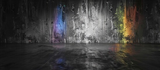 A dark room with a rainbow of electric blue lights shining on wood flooring, creating an artful display reminiscent of midnight. Graphics add to the mysterious ambiance