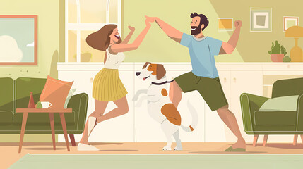 Cheerful excited dog owner woman dancing with smart funny pet at home, having fun, training trick beagle, enjoying home activity, leisure time, smiling, laughing