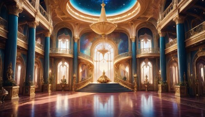 Fototapeta premium A lavish fantasy palace interior with opulent golden accents, a grand staircase, and a celestial sky visible through the dome.. AI Generation