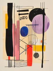A drawing of an abstract painting with black, white and red lines colorful objects placed around it. The background is a light beige. It has bold colors and simple shapes. Expressions of comfort