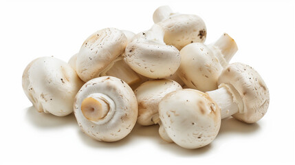 Fresh white button mushrooms arranged on white background. Emphasized clean uniform appearance, mild flavor. Design for versatile ravioli fillings, culinary potential.
