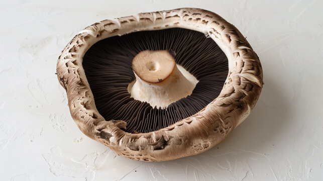Large Portobello mushroom cap with gilled underside on white surface. Meaty texture for deep savory ravioli filling. Design for bold character, hearty dishes.
