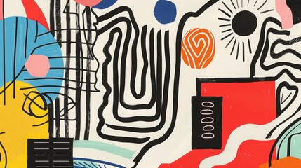 A drawing of an abstract painting with black, white and red lines colorful objects placed around it. The background is a light beige. It has bold colors and simple shapes. Expressions of comfort - obrazy, fototapety, plakaty