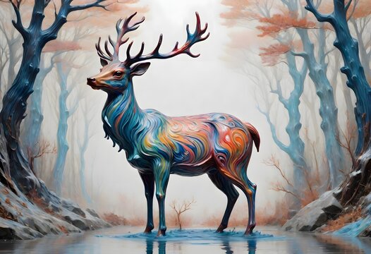 Abstract Stylized Deer Amidst Colorful and Dynamic Background, Enhanced by the Presence of Nature Elements, Generative AI