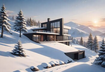 Modern House with Large Glass Windows in a Snowy Winter Wonderland, Generative AI