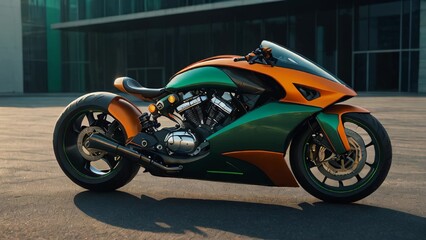 A green and orange motorcycle parked in front of a building. This image has video.