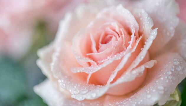 Elegant close-up photo of a pink rose with glistening water drops, creating a dreamy and romantic atmosphere. Floral background 