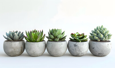 Succulent plants in concrete pots on white background, Generative AI  - obrazy, fototapety, plakaty