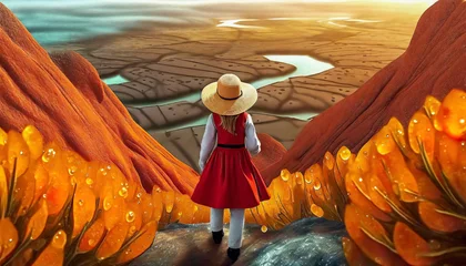 Foto op Plexiglas Petite fille qui descend un chemin entre les collines et découvre un paysage magnifique, incroyable, irréel  © remi
