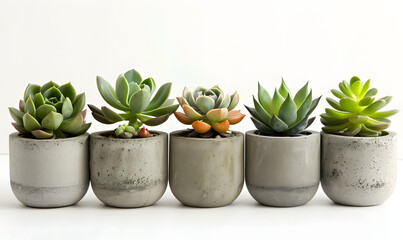 Succulent plants in concrete pots on white background, Generative AI 