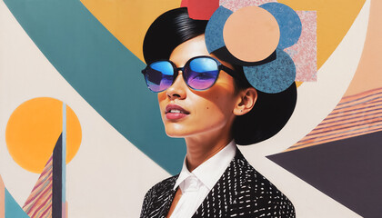 Portrait créatif, jolie jeune femme brune portant des lunettes de soleil, style moderne et rétro à la fois, arrière plan forme géométriques colorées abstraites, très original et stylé