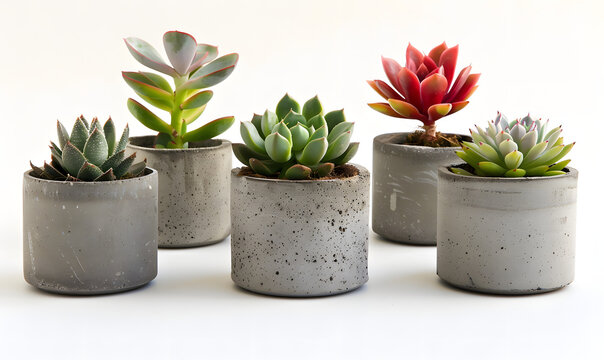 Succulent plants in concrete pots on white background, Generative AI 
