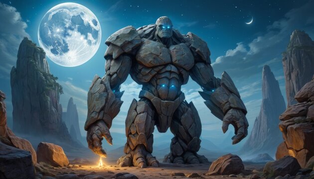 An imposing stone golem stands tall under a mystical moonlit sky, casting an awe-inspiring presence amidst rugged mountain peaks.. AI Generation