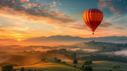 Obraz premium A hot air balloon ascending at sunrise over rolling hills