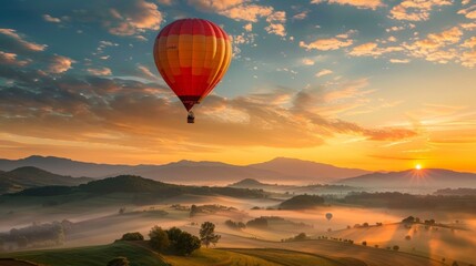 A hot air balloon ascending at sunrise over rolling hills