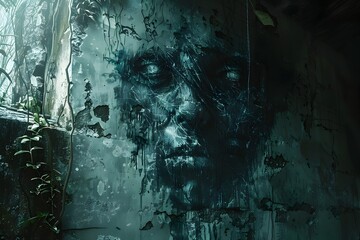 Confronting the Vengeful Spirit Lurking in the Haunted Mansion s Depths through Graffiti Art - obrazy, fototapety, plakaty